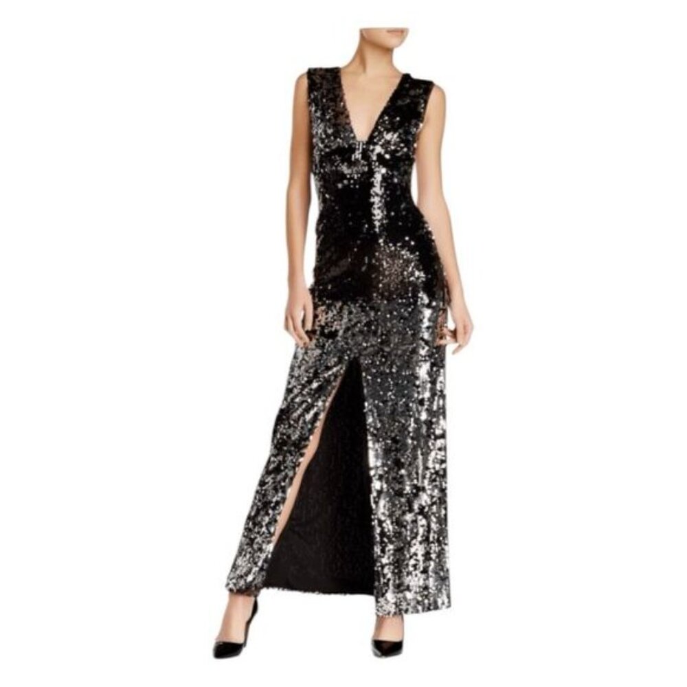 NWT | Rachel Zoe Venus Silver Black Sequin Evening Gown Maxi Dress Size 6